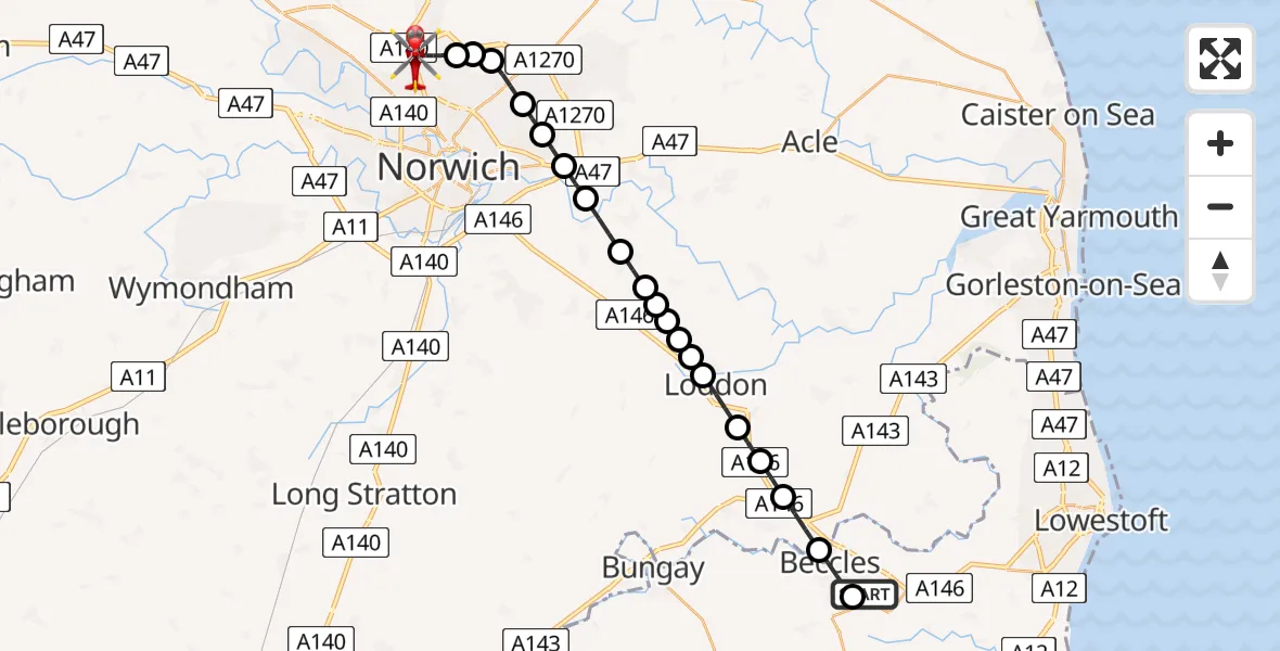 Flight route Air Ambulance Helicopter Worlingham - Norwich Airport, 29 July 2026, 14:06