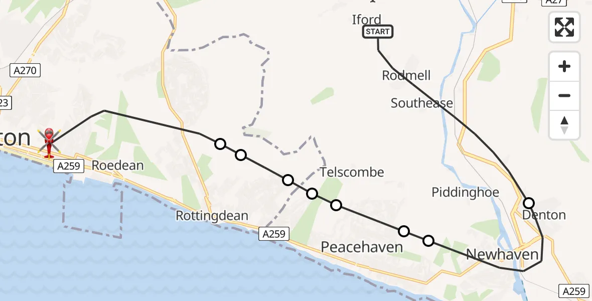 Flight route Air Ambulance Helicopter Lewes - Brighton, 29 July 2026, 14:24