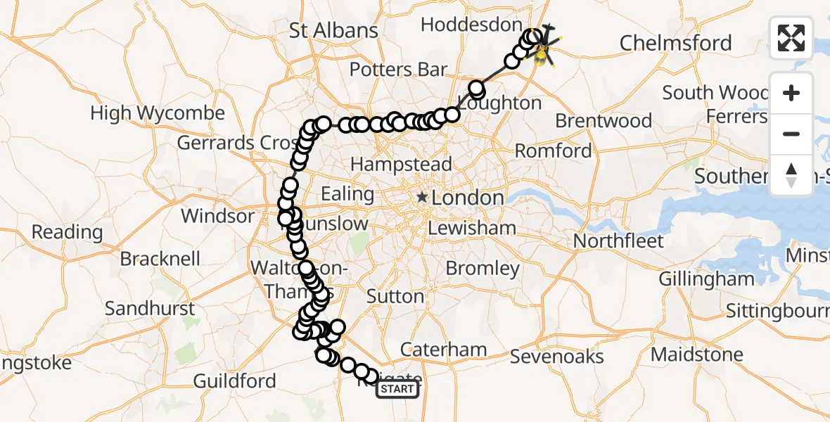 Flight route Police Helicopter Reigate - North Weald Bassett, 29 July 2026, 14:36