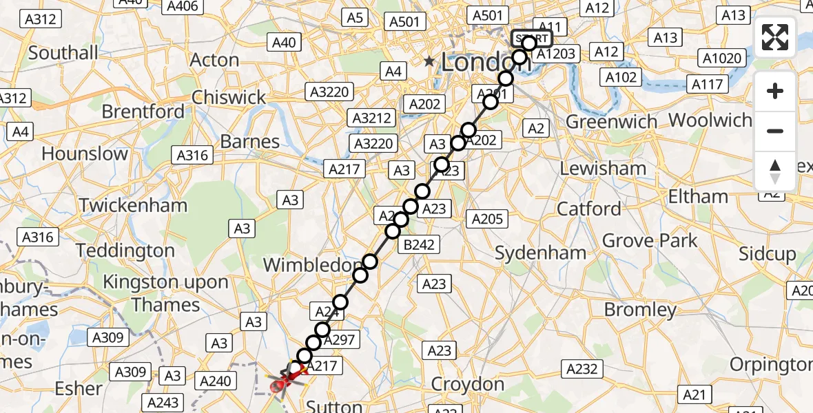 Flight route Air Ambulance Helicopter Royal London Hospital - Worcester Park, 29 July 2026, 14:45