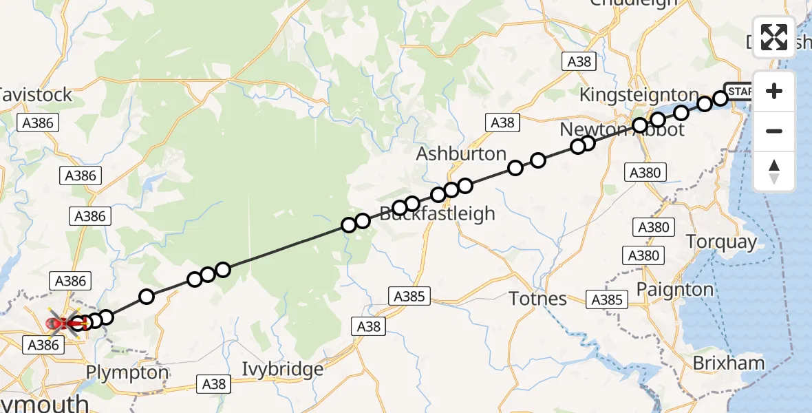 Flight route Air Ambulance Helicopter Teignmouth - Derriford Hospital, 29 July 2026, 14:49
