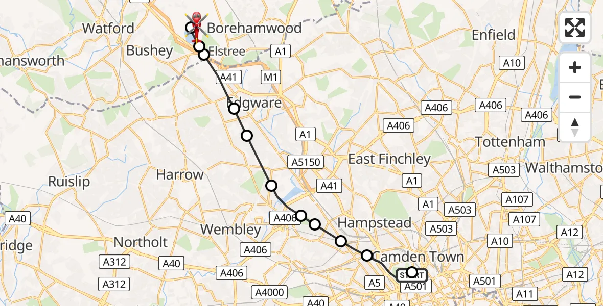 Flight route Air Ambulance Helicopter Chalk Farm - Elstree Airfield, 29 July 2026, 14:56