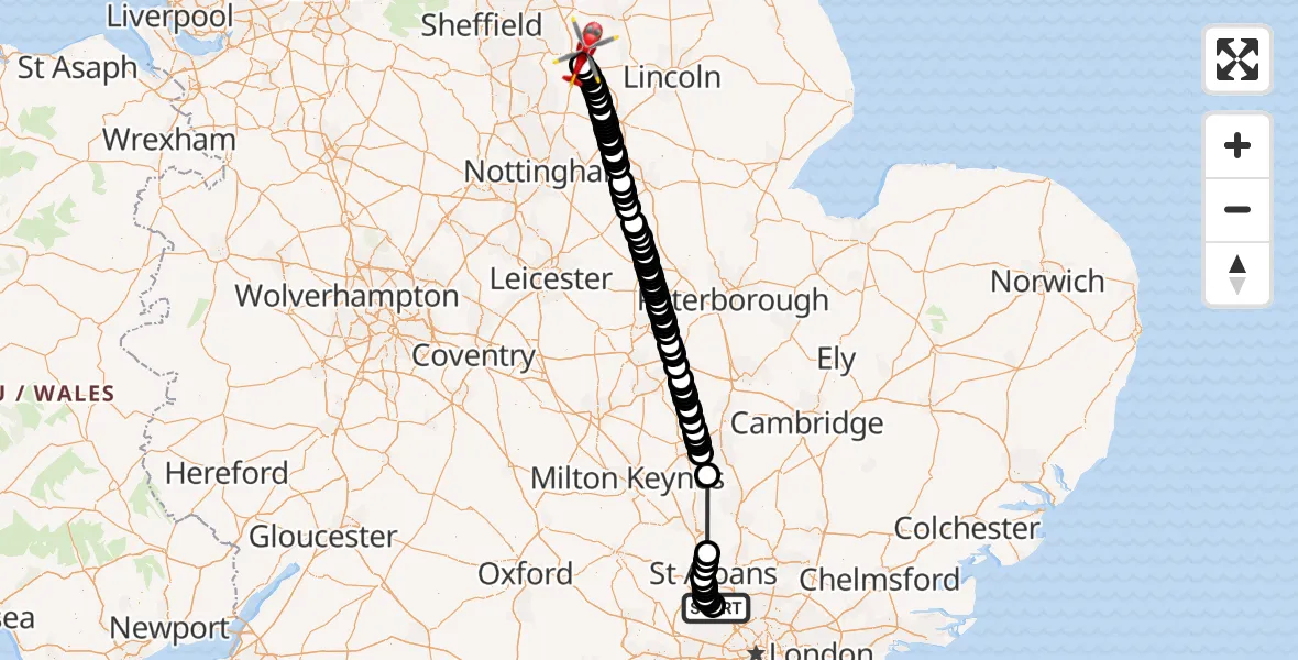 Flight route Air Ambulance Helicopter Elstree Airfield - Bassetlaw, 29 July 2026, 15:06