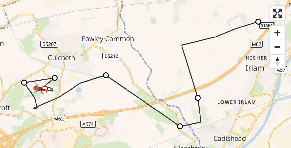 Flight route Air Ambulance Helicopter Irlam - Croft, 29 July 2026, 15:11