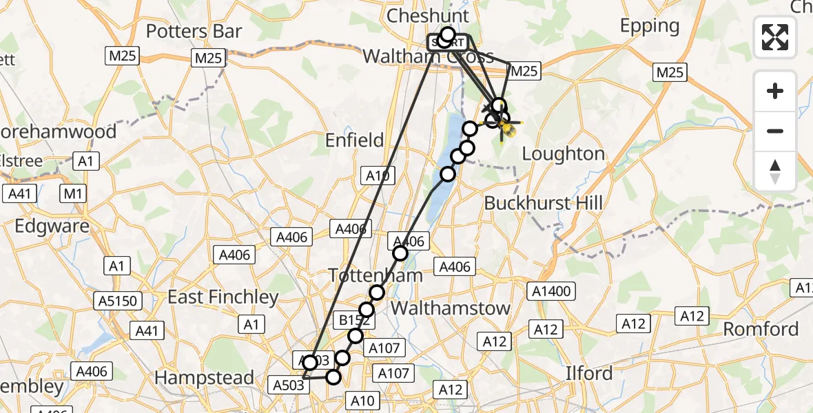 Flight route Police Helicopter Waltham Cross - Sewardstonebury, 29 July 2026, 15:18