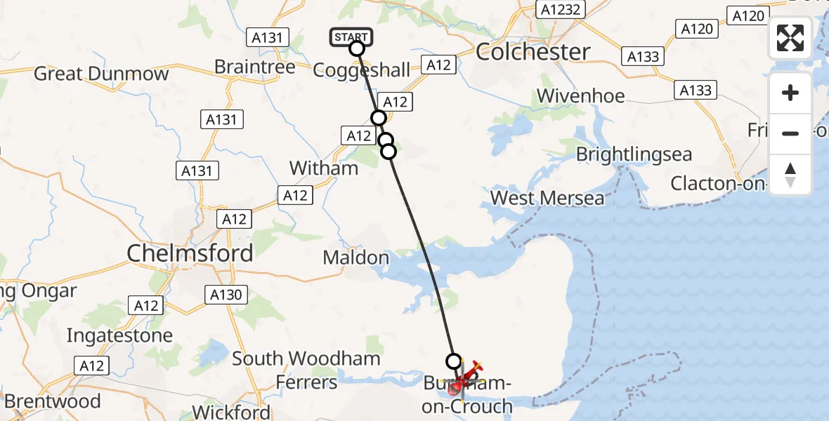Flight route Air Ambulance Helicopter Braintree - Burnham-on-Crouch, 29 July 2026, 15:27