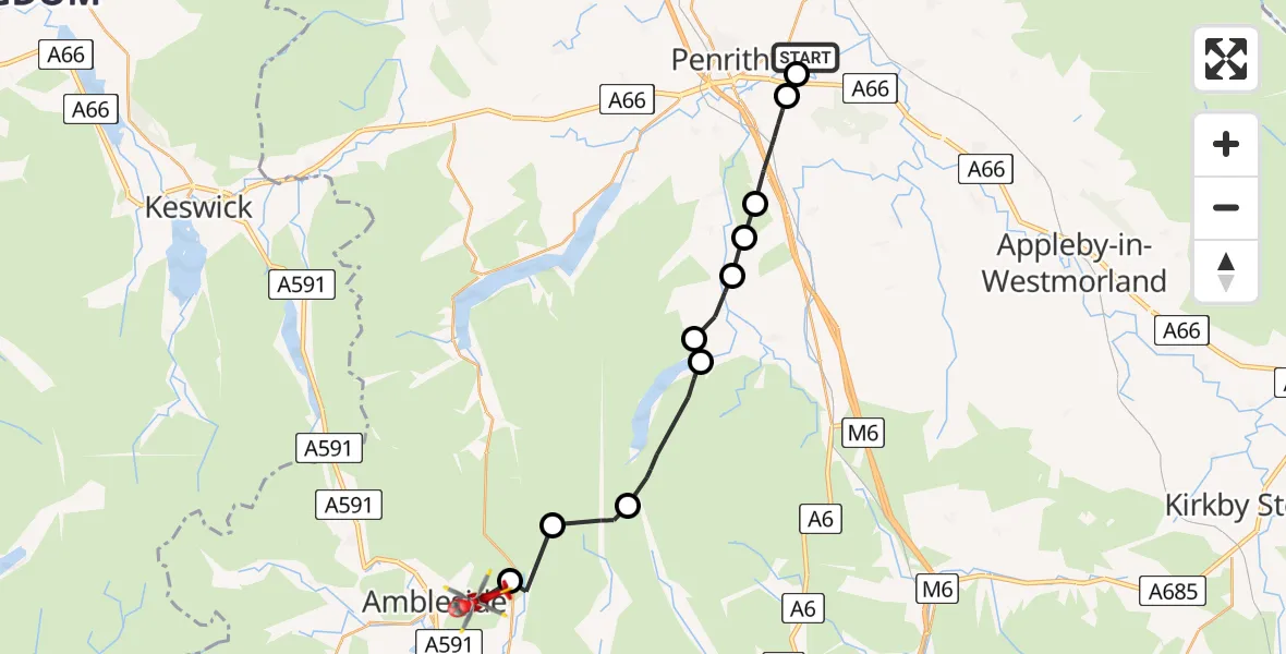 Flight route Air Ambulance Helicopter Penrith - Ambleside, 29 July 2026, 15:34