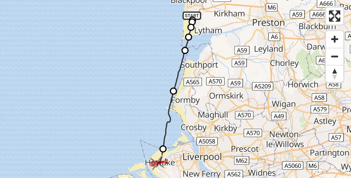 Flight route Air Ambulance Helicopter Blackpool Airport - Hoylake, 29 July 2026, 15:36