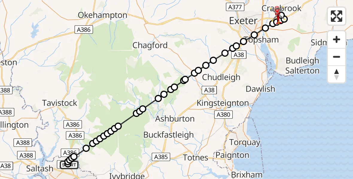 Flight route Air Ambulance Helicopter Derriford Hospital - Exeter International Airport, 29 July 2026, 15:39