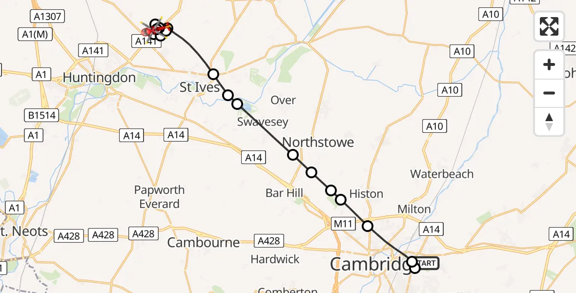 Flight route Air Ambulance Helicopter Cambridge City Airport - Wyton-on-the-Hill, 29 July 2026, 15:41