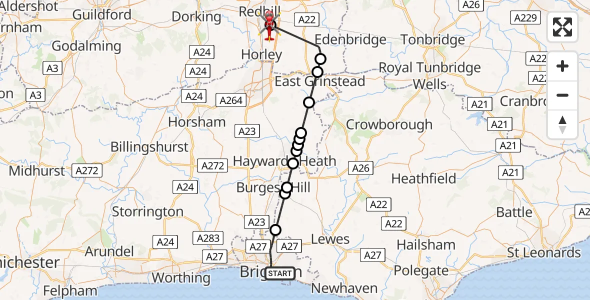 Flight route Air Ambulance Helicopter Brighton - Redhill Aerodrome, 29 July 2026, 15:47