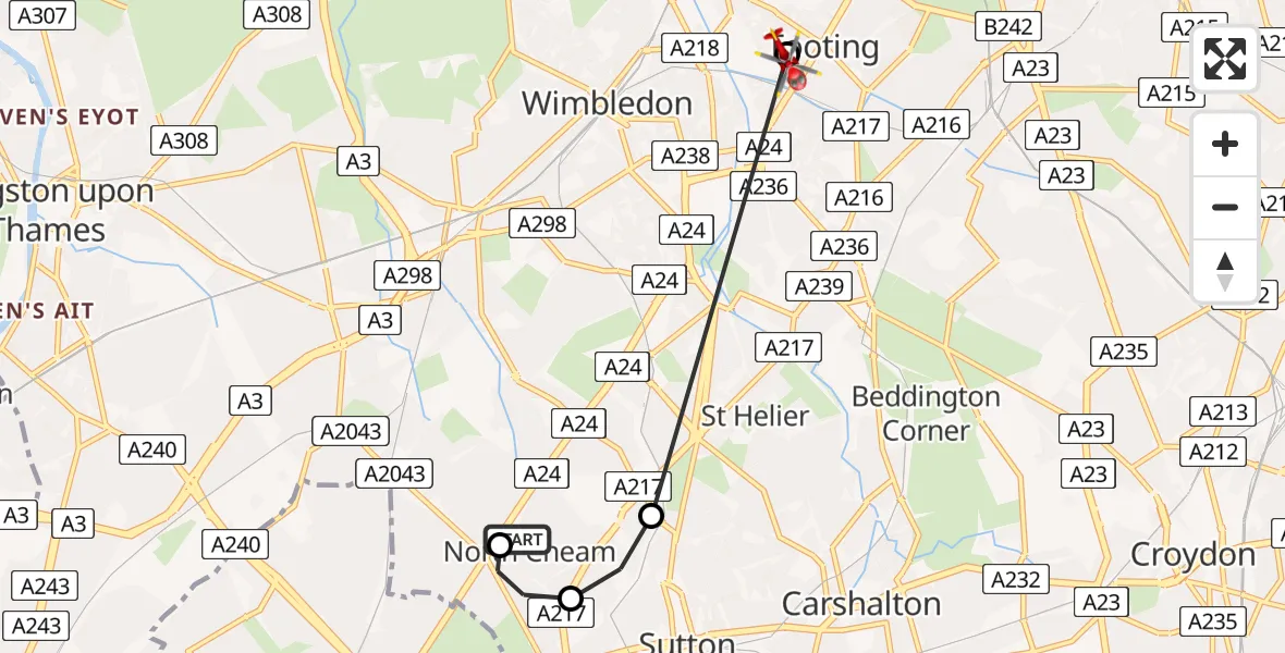 Flight route Air Ambulance Helicopter Worcester Park - St Georges Hospital, 29 July 2026, 15:59