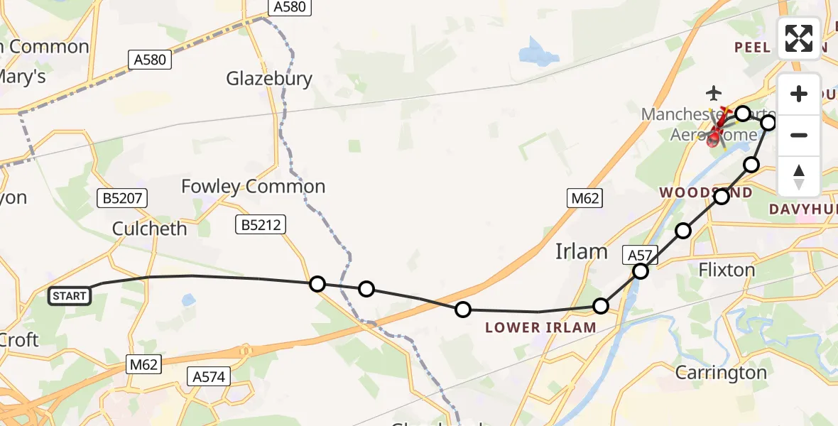Flight route Air Ambulance Helicopter Croft - Irlam, 29 July 2026, 16:14