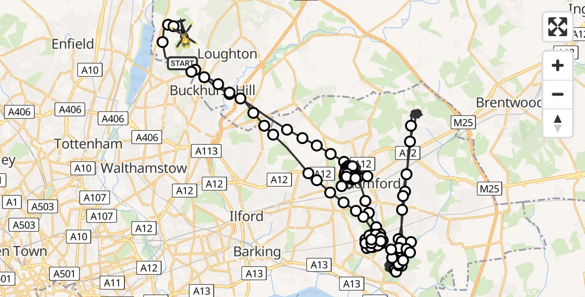 Flight route Police Helicopter Waltham Abbey - Sewardstonebury, 29 July 2026, 16:18