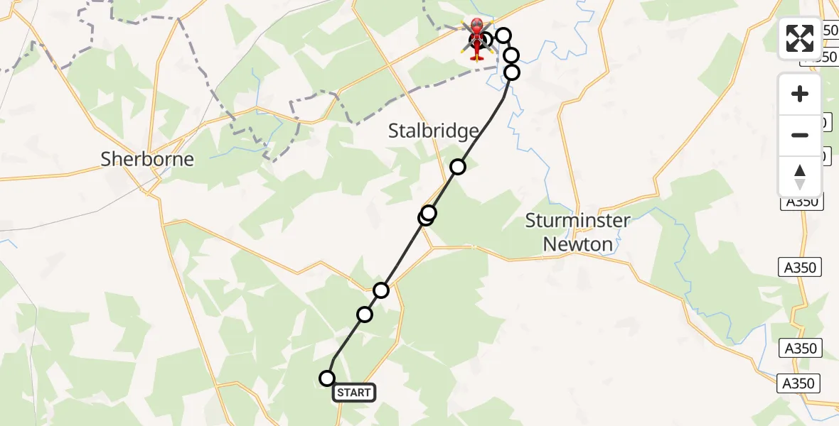 Flight route Air Ambulance Helicopter Pulham - Henstridge Airfield, 29 July 2026, 16:21