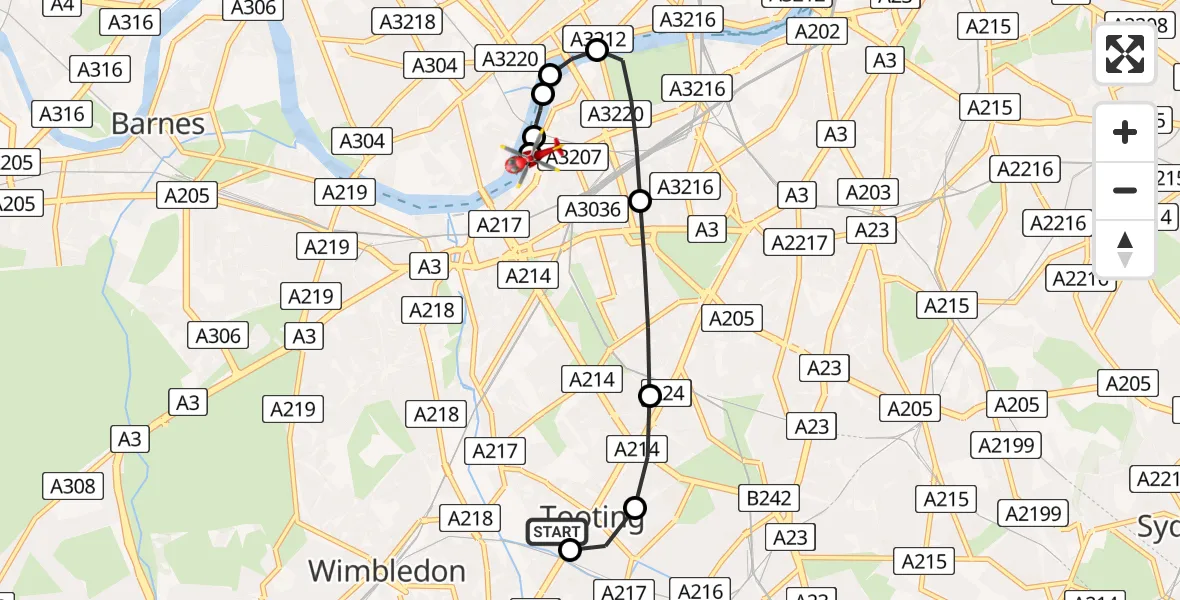 Flight route Air Ambulance Helicopter St Georges Hospital - London Heliport, 29 July 2026, 16:25