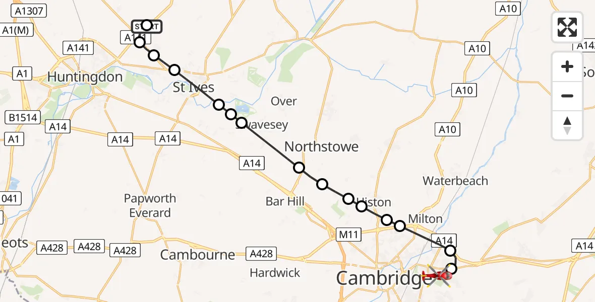 Flight route Air Ambulance Helicopter Wyton - Cambridge City Airport, 29 July 2026, 16:36