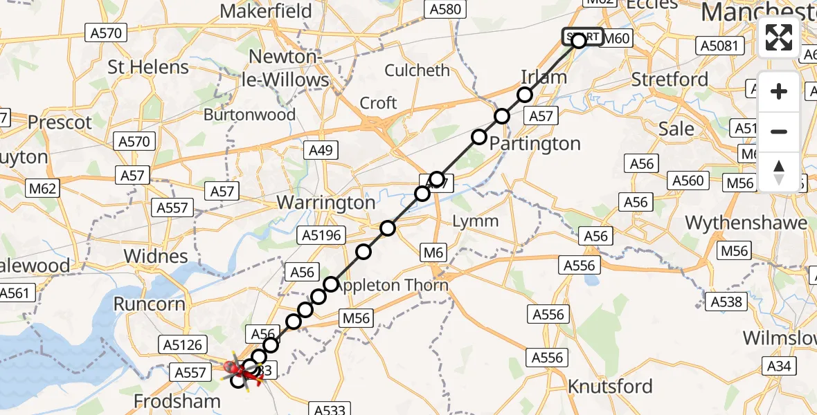 Flight route Air Ambulance Helicopter Manchester Barton Aerodrome - Runcorn, 29 July 2026, 16:38