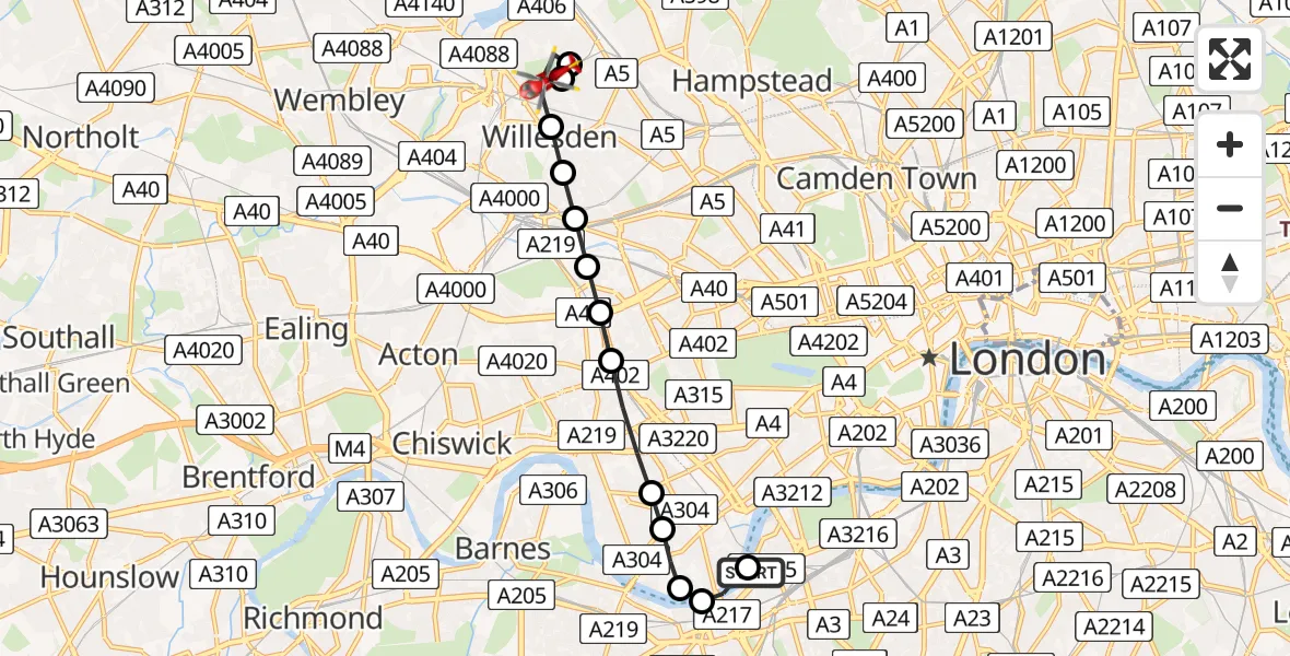 Flight route Air Ambulance Helicopter London Heliport - Dollis Hill, 29 July 2026, 16:44