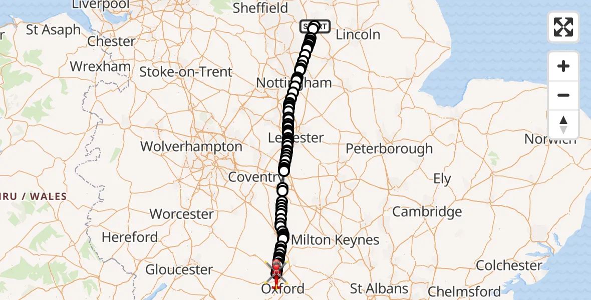 Flight route Air Ambulance Helicopter Retford Gamston Airport - London Oxford Airport, 29 July 2026, 16:48