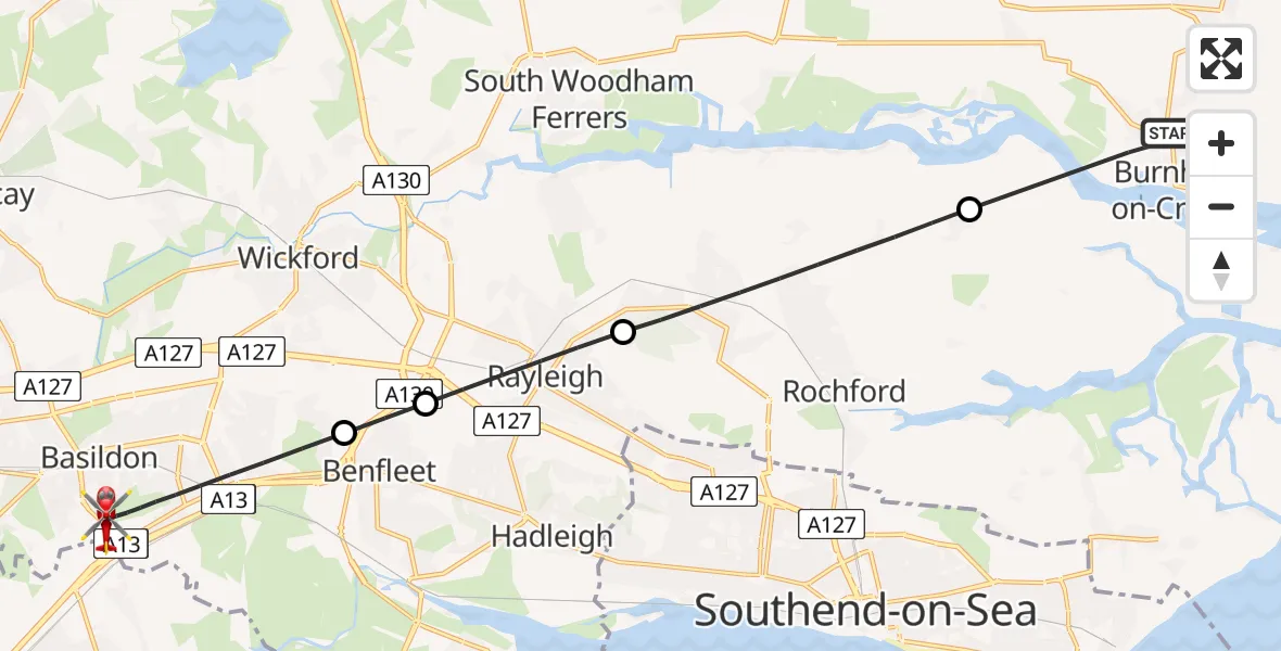 Flight route Air Ambulance Helicopter Burnham-on-Crouch - Basildon, 29 July 2026, 16:50