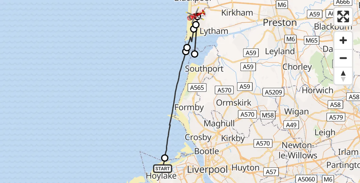 Flight route Air Ambulance Helicopter Hoylake - Blackpool Airport, 29 July 2026, 16:52