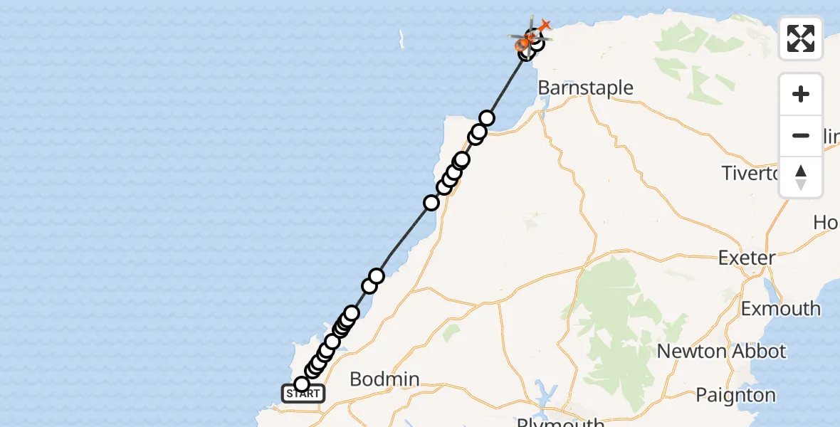 Flight route Coastguard Helicopter Cornwall Airport Newquay - Bristol Channel, 29 July 2026, 16:59