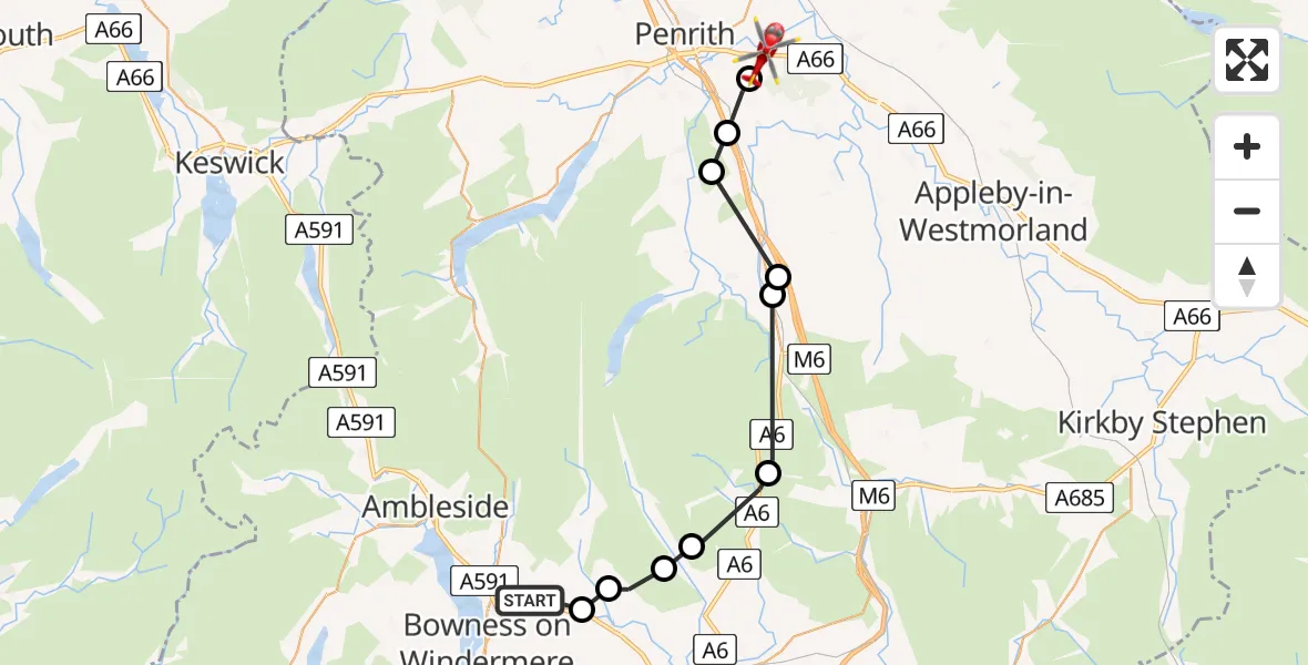 Flight route Air Ambulance Helicopter Windermere - Brougham, 29 July 2026, 17:07