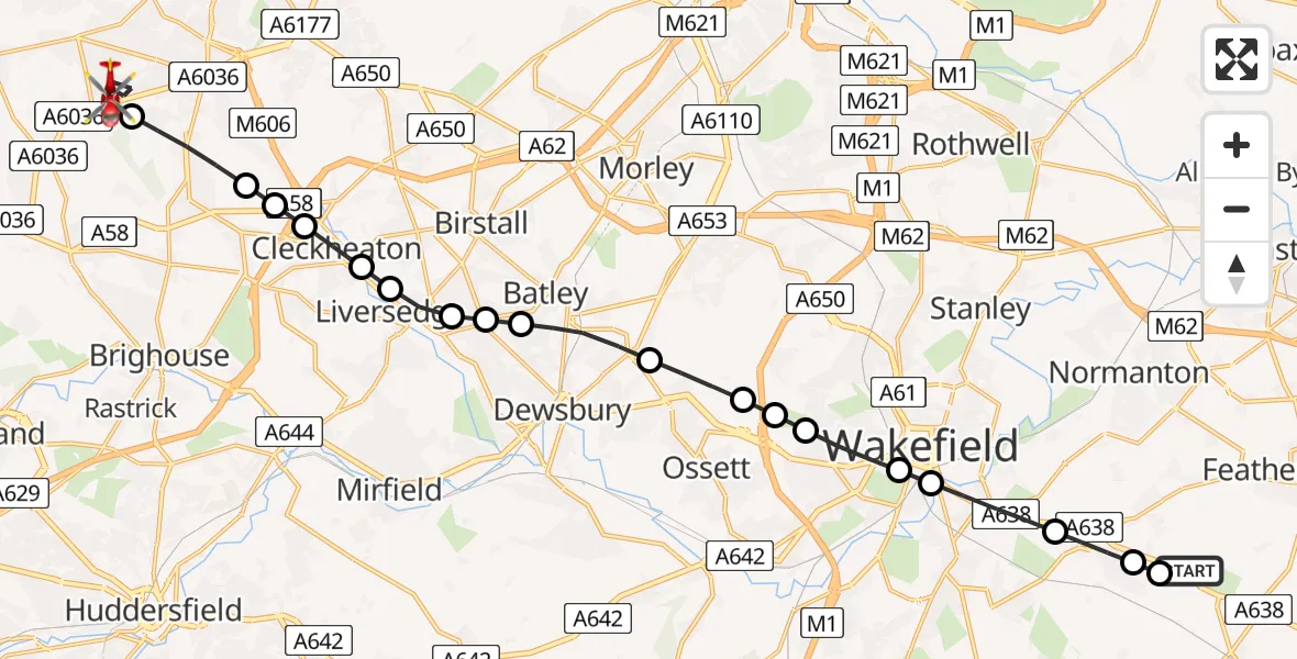 Flight route Air Ambulance Helicopter YAA Nostell Helicopter Port - Buttershaw, 29 July 2026, 17:41
