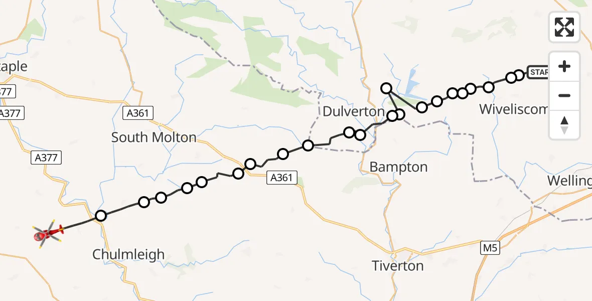 Flight route Air Ambulance Helicopter Glebe Farm Airstrip - North Devon, 29 July 2026, 17:45