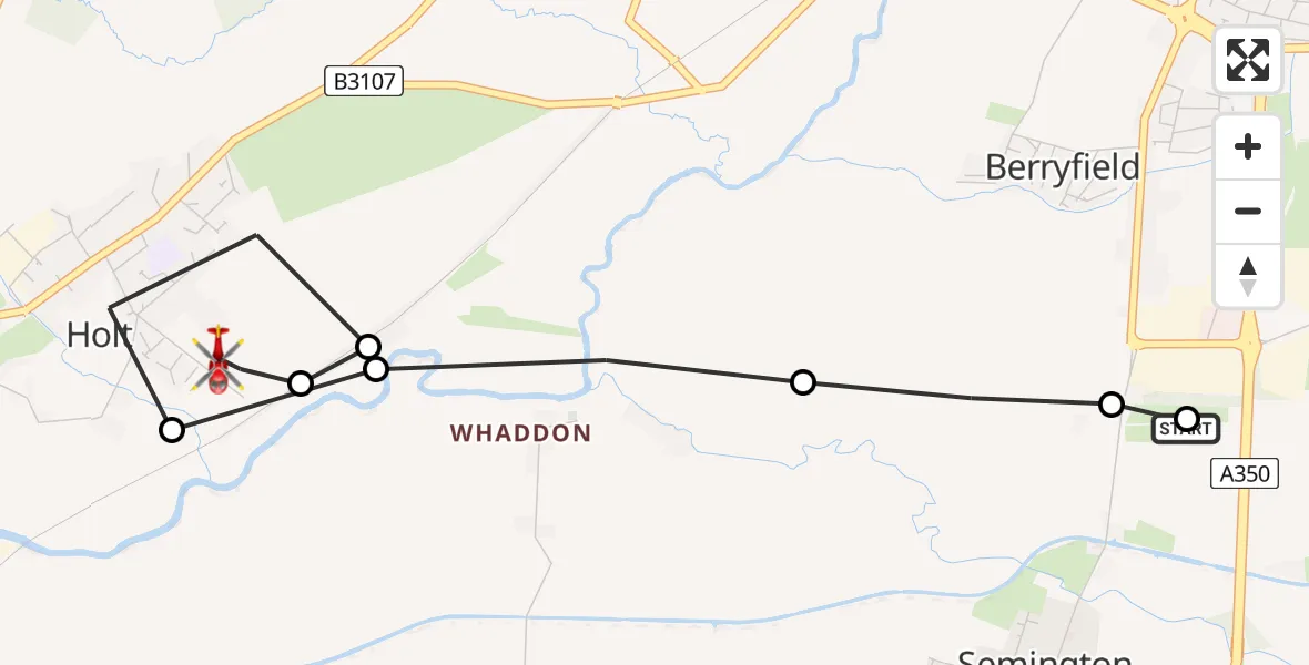Flight route Air Ambulance Helicopter Wiltshire Air Ambulance - Holt, 29 July 2026, 17:46