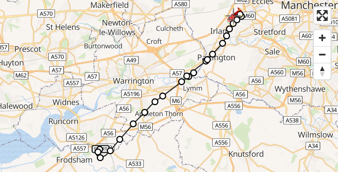 Flight route Air Ambulance Helicopter Runcorn - Manchester Barton Aerodrome, 29 July 2026, 17:51