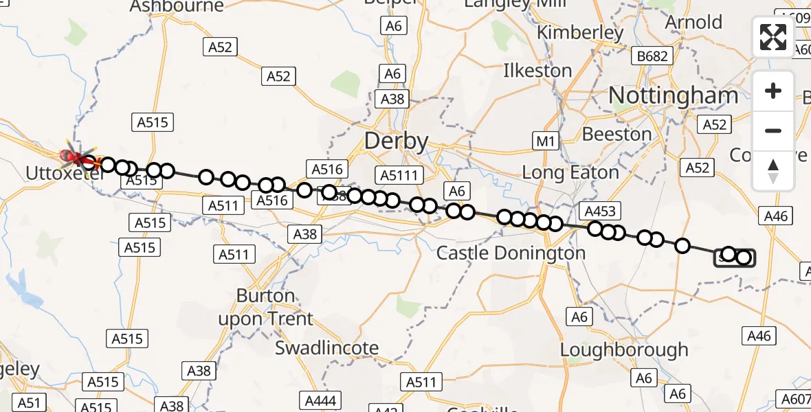 Flight route Air Ambulance Helicopter Wysall - Uttoxeter, 29 July 2026, 17:54