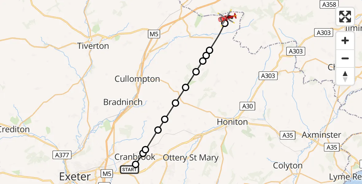 Flight route Air Ambulance Helicopter Exeter International Airport - Mid Devon, 29 July 2026, 17:55