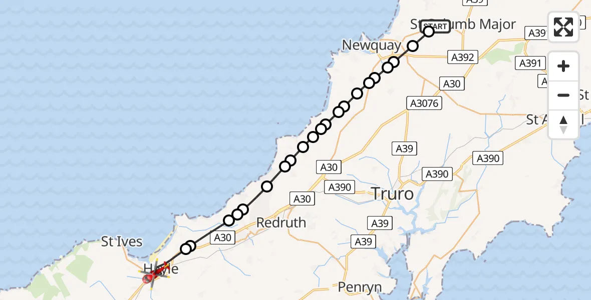 Flight route Air Ambulance Helicopter Cornwall Airport Newquay - Hayle, 29 July 2026, 18:07