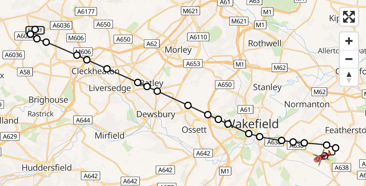 Flight route Air Ambulance Helicopter Buttershaw - YAA Nostell Helicopter Port, 29 July 2026, 18:07