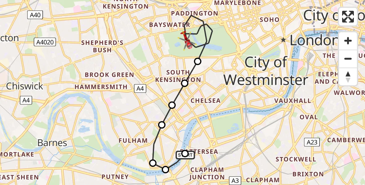 Flight route Air Ambulance Helicopter London Heliport - City of Westminster, 29 July 2026, 18:14