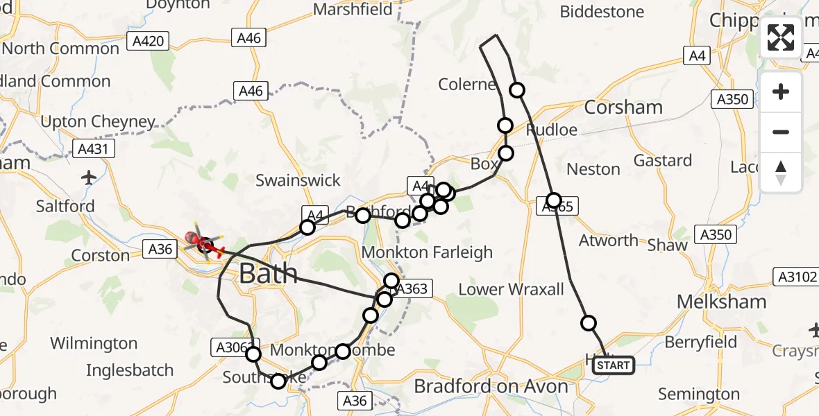 Flight route Air Ambulance Helicopter Holt - Royal United Hospital Bath, 29 July 2026, 18:28