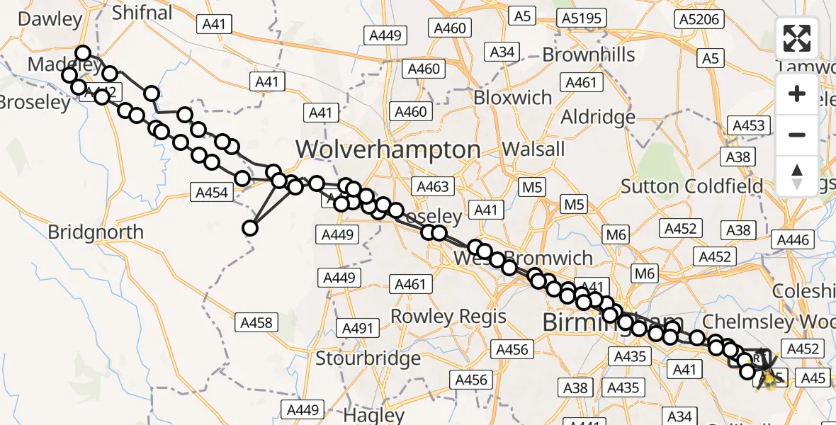 Flight route Police Helicopter Garretts Green - Birmingham Airport, 29 July 2026, 18:30