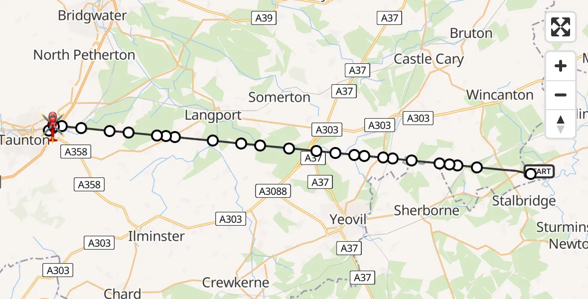 Flight route Air Ambulance Helicopter Henstridge Airfield - Taunton, 29 July 2026, 18:32