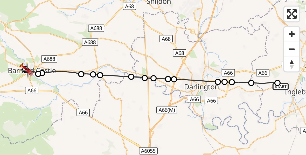 Flight route Air Ambulance Helicopter Egglescliffe - Cotherstone, 29 July 2026, 18:38