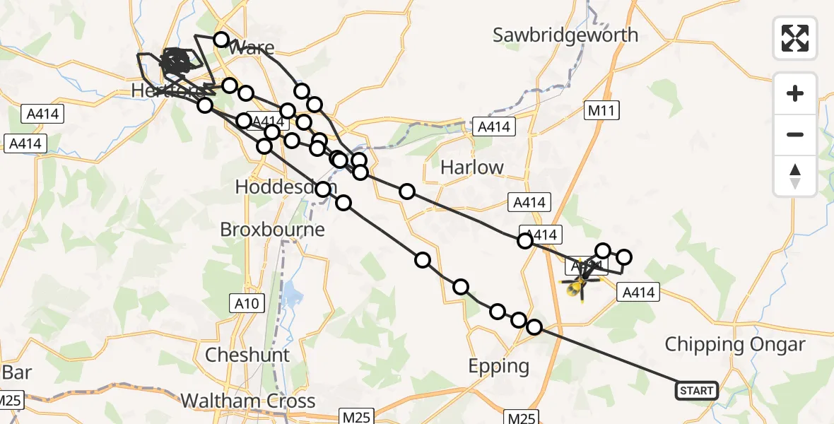 Flight route Police Helicopter Stanford Rivers - North Weald Airfield, 29 July 2026, 18:40