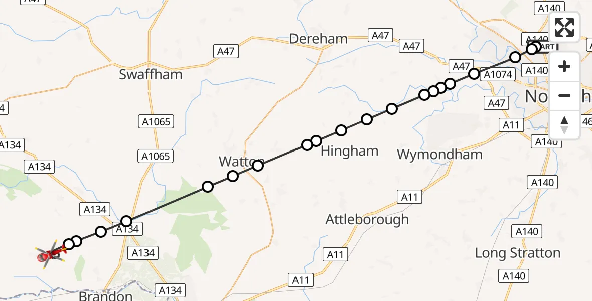 Flight route Air Ambulance Helicopter Norwich Airport - Feltwell, 29 July 2026, 18:43