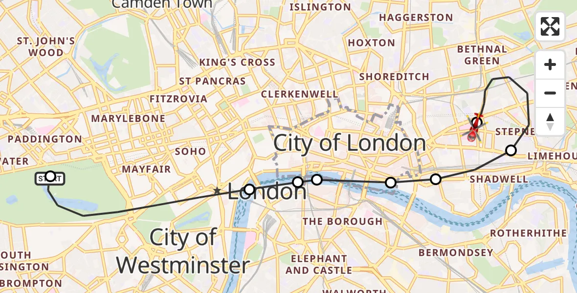 Flight route Air Ambulance Helicopter City of Westminster - Royal London Hospital, 29 July 2026, 18:46