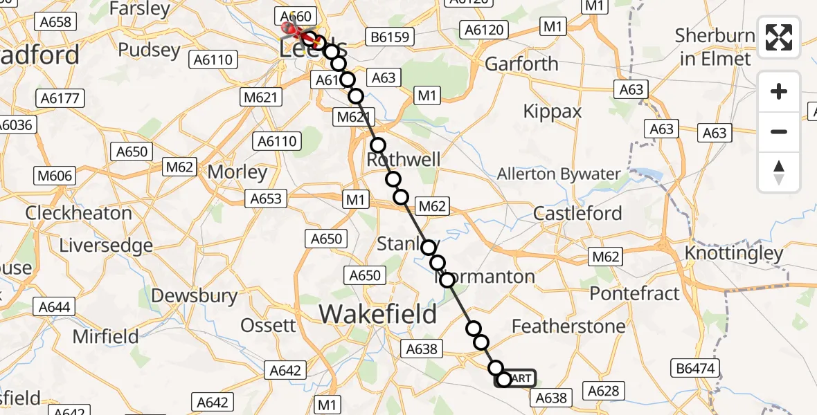 Flight route Air Ambulance Helicopter YAA Nostell Helicopter Port - Woodhouse, 29 July 2026, 18:50