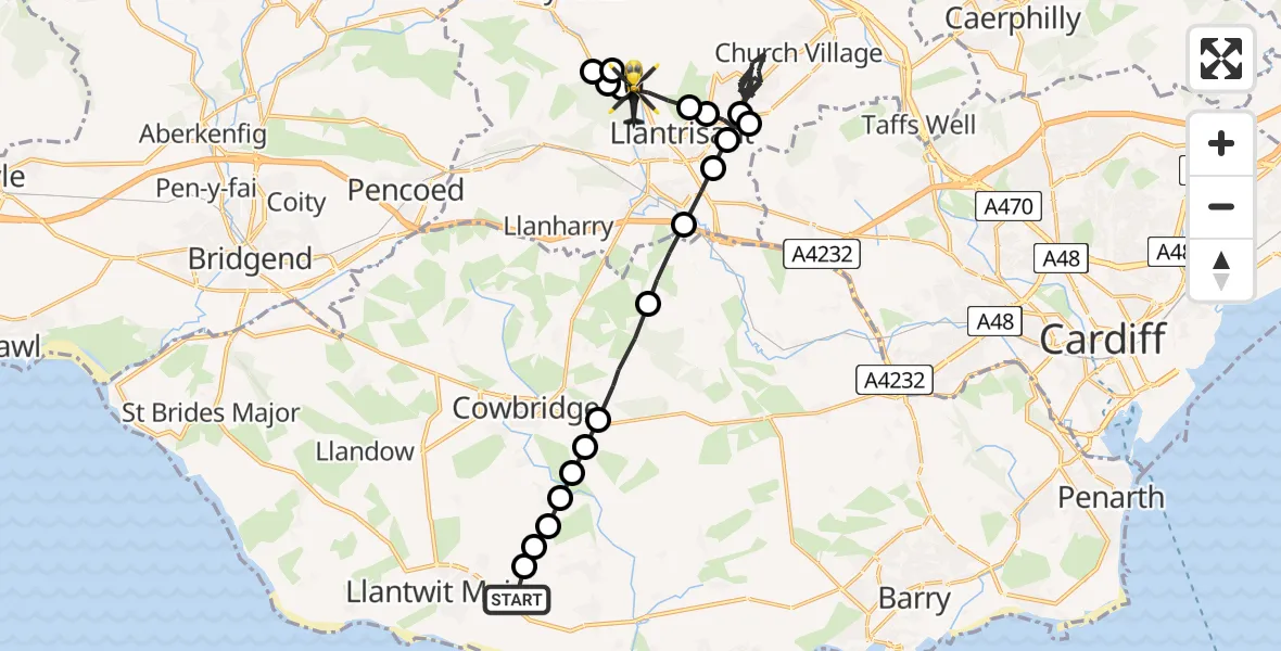 Flight route Police Helicopter MOD St Athan - Talbot Green, 29 July 2026, 19:00