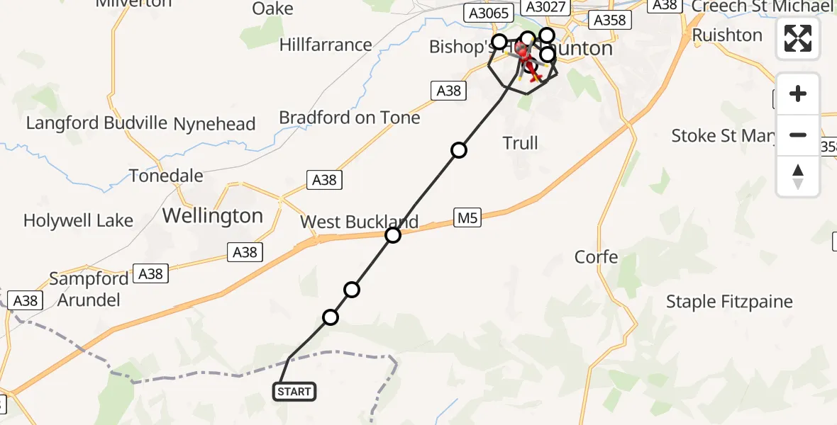 Flight route Air Ambulance Helicopter Mid Devon - Musgrove Hospital, 29 July 2026, 19:02