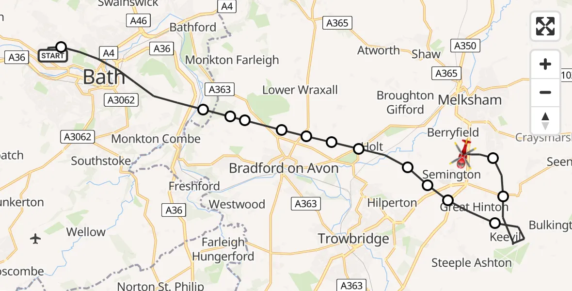 Flight route Air Ambulance Helicopter Royal United Hospital Bath - Melksham, 29 July 2026, 19:02