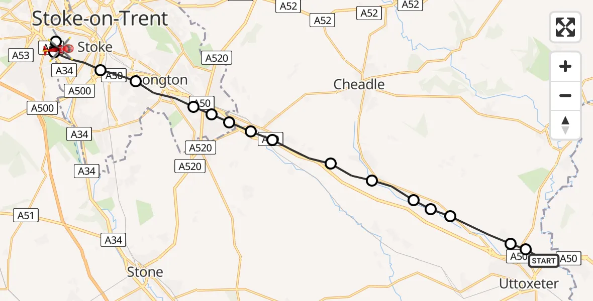 Flight route Air Ambulance Helicopter Uttoxeter - University Hospital North Staffs, 29 July 2026, 19:04