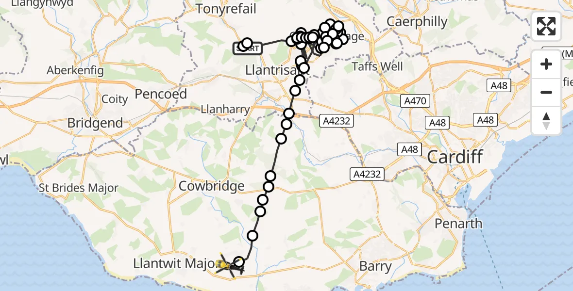 Flight route Police Helicopter Llantrisant - MOD St Athan, 29 July 2026, 19:17